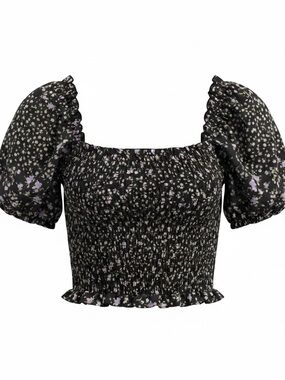 Smocked Puff Sleeve Crop Top - Black with Lavender Floral